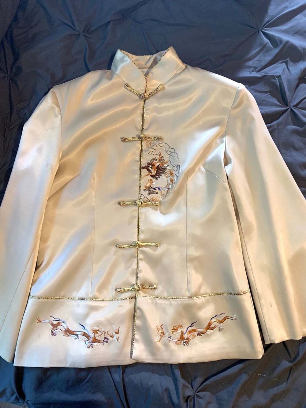 Vintage Cream colored Satin Embroidered Dragon Women's Medium Jacket